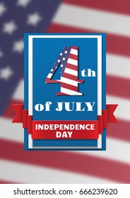 4tn July. Vector illustration with white text and ribbon in colors of American flag. Independence day celebration.