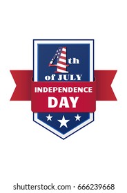4tn July. Vector illustration with white text and ribbon in colors of American flag. Independence day celebration. 