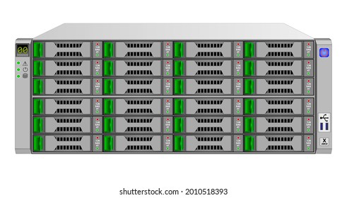 4u server, disk storage system shelf containing 24 3.5-inch 7.2K SAS hard drives. Interface connectors and information display. Vector illustration.