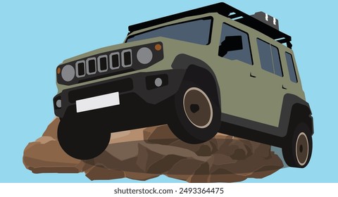 4wd Offroad climbing over rocks. Green, grey colour Jimmy, 4 door. Outdoor fun and entertainment.