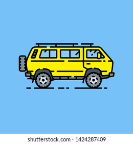 4WD van line icon. Offroad vanlife adventure microbus symbol. Yellow all-terrain 4x4 minibus motor vehicle graphic isolated on blue background. Vector illustration.