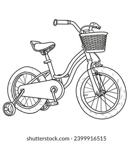 4-wheel bicycle with a basket for kids. Healthy equipment for sport and recreation, flat vector isolated on a white background