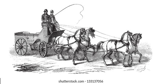 4-wheeled Wagon drawn by 4 Horses, vintage engraved illustration. Le Magasin Pittoresque - 1874