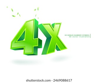 Símbolo de número de bonificación 4x. Plantilla de Ilustración vectorial 3D verde. Aislado sobre fondo blanco con cintas de rociar.