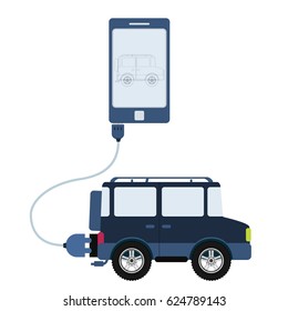 4x4 car connected to a cell phone through a usb cable. Outline of the car being shown on the mobile monitor. Flat design. Isolated.
