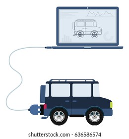 4x4 car connected to a laptop through a usb cable. Outline of the car and graphs being shown on the computer monitor. Flat design. Isolated.