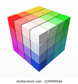 4x4 cubes makes color gradient in shape of big cube. color theory concept with colorful cubes. 3d style vector illustration. suitable for any banner, ad, technology and abstract themes.