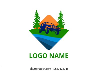 4x4 extreme adventure sport utility vehicle car icon for community emblem. Off-road car vehicle logo sign design for journey travel agency or club in holiday drive over forest.