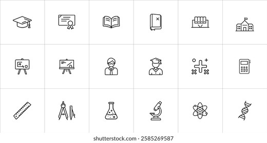  A 4x4 grid of 16 black minimalist line icons representing education themes, including books, graduation, science, and mathematics, isolated on a white background.
