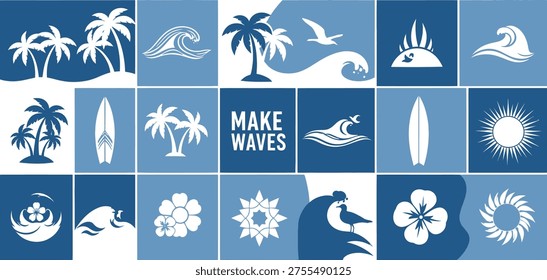 A 4x4 grid of squares featuring beach-themed icons, including palm trees, surfboards, and sea creatures