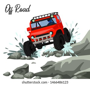 4x4 off road racing flat banner vector template. Auto competition, extreme championship. Automobile sport, dirt rally cartoon poster layout. Offroad car, transport illustration with calligraphy