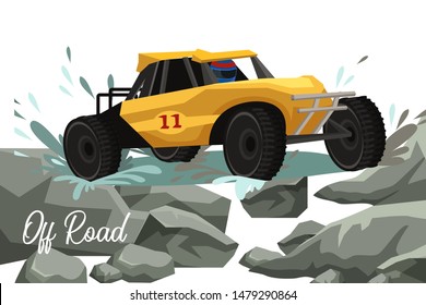 4x4 off road racing flat banner vector template. Auto competition, extreme championship. Automobile sport, dirt rally cartoon poster layout. Offroad  transport illustration with calligraphy