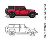 4x4 off-road car vector llustration design. Illustration of a red 4x4 off-road car and line art of 4x4 off-road car.
