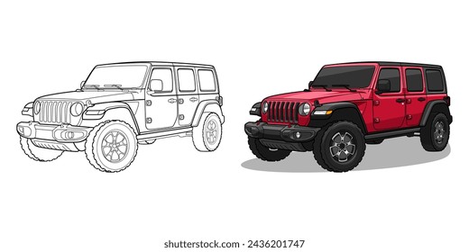  4x4 off-road car vector llustration design. Illustration of a red 4x4 off-road car and line art of 4x4 off-road car.