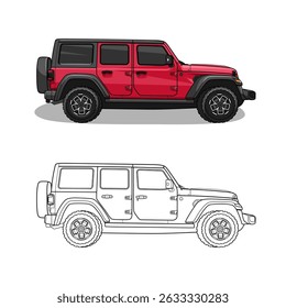 4x4 off-road car vector llustration design. Illustration of a red 4x4 off-road car and line art of 4x4 off-road car.