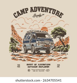 4x4 old campervan car offroad vintage illustration camp adventure desert landscape nature national park. Retro outdoor apparel design

