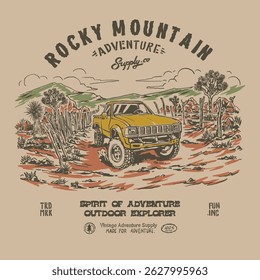 4x4 velho caminhão carro offroad rally vintage ilustração aventura deserto paisagem natureza parque nacional. Design de vestuário exterior retrô