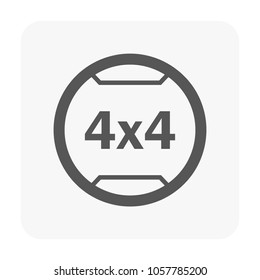 4x4 vector illustration icon on round button, featuring clean and minimalist design symbolizing off-road mode selection, traction control, rugged driving capability and powerful performance.