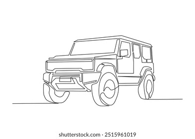 4x4 wheel drive tough adventure car continuous one line drawing. Off road car single line art illustration. Editable vector.  