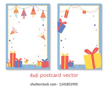 4x6 postcard size.Party theme card for invitation or cerebration.confetti and party poppers with gift boxes.vector design.Vivid red yellow and blue.Space for text.white background.