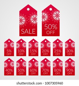 5 10 15 20 25 30 40 50 60 70 80 90 percent off shopping tag vector icons. Isolated red ad white discount symbols for merchandise, store, shop. Illustration labels set for sale.