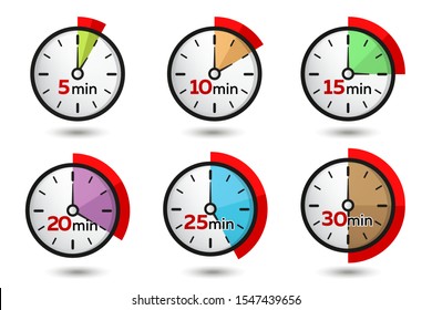 5, 10, 15, 20, 25, 30 Minutes Analog Clock Icons. Vector Time Symbol
