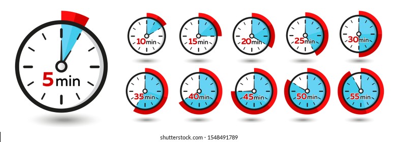 5, 10, 15, 20, 25, 30, 40, 45, 50, 55 Minutes Analog Clock Icons. Vector Time Symbol
