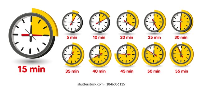 5, 10, 15, 20, 25, 30, 40, 45, 50, 55 Minutes Analog Clock Icons. Vector Time Symbol
