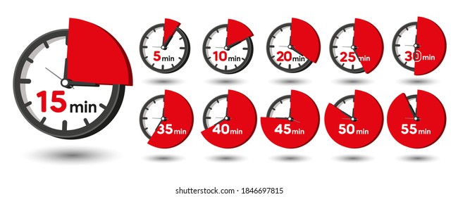 5, 10, 15, 20, 25, 30, 40, 45, 50, 55 Minutes Analog Clock Icons. Vector Time Symbol

