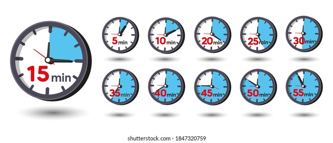 5, 10, 15, 20, 25, 30, 40, 45, 50, 55 Minutes Analog Clock Icons. Vector Time Symbol
