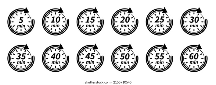 5, 10, 15, 20, 25, 30, 35, 40, 45, 50 min. Timer set design for any purposes. Vector logo