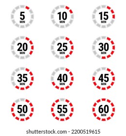 5, 10, 15, 20, 25, 30, 35, 40, 45, 50, 55, 60 Minuten Vektorsymbol, Stoppuhr Symbol, Countdown. Einzige Illustration mit Timer.