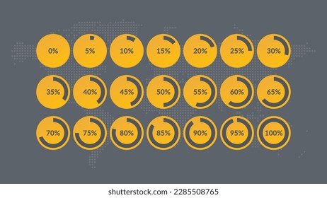 5 10 15 20 25 30 35 40 45 50 55 60 65 70 75 80 85 90 95 100% de la gráfica. Porcentaje de vectores. Icono de círculo gris amarillo para descarga, infografía, progreso, negocios, finanzas