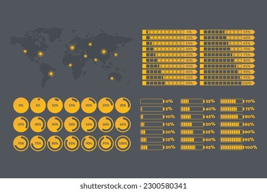 5 10 15 20 25 30 35 40 45 50 55 60 65 70 75 80 85 90 95 100% de la gráfica. Mapa mundial. Porcentaje de vectores establecido para descarga, infografía, progreso, negocios, finanzas, informe, presentación