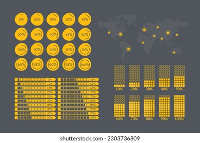 5 10 15 20 25 30 35 40 45 50 55 60 65 70 75 80 85 90 95 100% de la gráfica. Mapa mundial. Porcentaje de vectores para descarga, conjunto de infografía, progreso, negocios, finanzas, informe, presentación