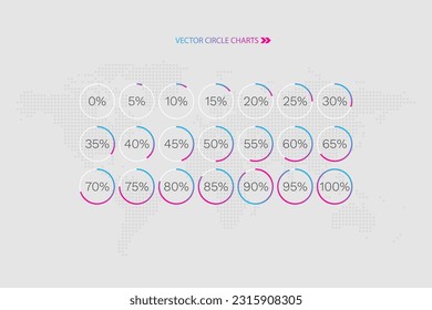 5 10 15 20 25 30 35 40 45 50 55 60 65 70 75 80 85 90 95 100 percent pie chart set. Circle diagrams. World map. Vector percentage set for download, infographic, progress, business, finance, report