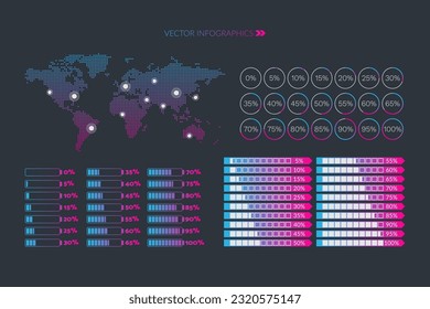 5 10 15 20 25 30 33 35 40 45 50 55 60 65 70 75 80 85 90 95 100 percent chart. World map. Vector percentage set for download, infographic set, progress, business, finance, report