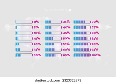 5 10 15 20 25 30 35 40 45 50 55 60 65 70 75 80 85 90 % Grafik. Vektorprozentsatz festgelegt für Download, Infografik, Fortschritt, Geschäft, Finanzen, Bericht, Batterieladung, Webdesign