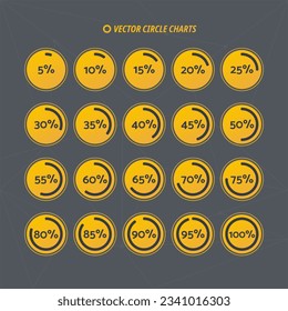 5 10 15 20 25 30 35 40 45 50 55 60 65 70 75 80 85 90 95 100 percent pie chart set. Circle diagrams. Vector percentage set for download, infographic, progress, business, finance, report
