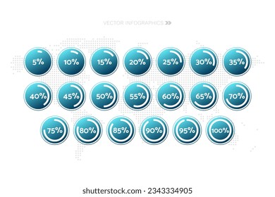 5 10 15 20 25 30 35 40 45 50 55 60 65 70 75 80 85 90 95 100% de la gráfica circular. Diagramas de círculo. Porcentaje de vectores establecido para descarga, infografía, progreso, negocios, finanzas, informe