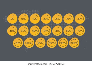 5 10 15 20 25 30 35 40 45 50 55 60 65 70 75 80 85 90 95 100 percent pie chart. Diagrams set. Vector percentage for download, infographic, progress, business, finance, report. Dotted world map