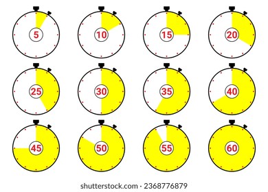5, 10, 15, 20, 25, 30, 35, 40, 45, 50, 55, 60 min. Stopwatch, timer, clock,  set icons. Isolated on white background. Vector illustration EPS 10 file.