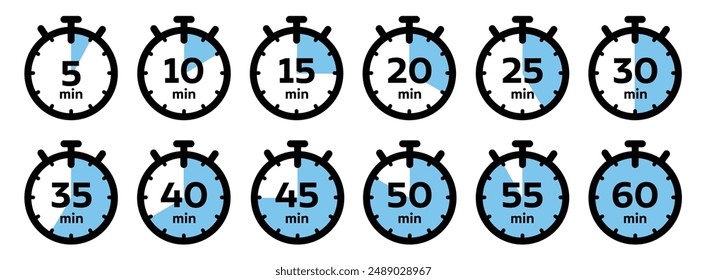 5, 10, 15, 20, 25, 30, 35, 40, 45, 50, 55, 60 minutes Timer and clock icons set