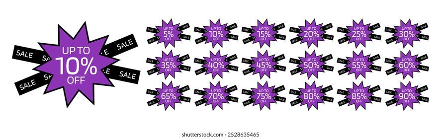 Up to 5, 10, 15, 20, 25, 30, 35, 40, 45, 50, 55, 60, 65, 70, 75, 80, 85, 90 percent off written on purple ten-pointed star with black border and two black crossed bands with the word sale.