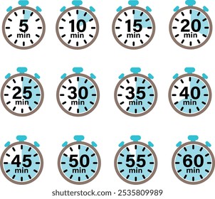 5, 10, 15, 20, 25, 30, 35, 40, 45, 50, 55, 60 min, Timer, clock, stopwatch set icons. stopwatch set icons. Timer, stopwatch icons set 10 20 30 40 50 60 seconds. Cooking time. Cooking time. flat style.