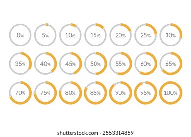 5 10 15 20 25 30 35 40 45 50 55 60 65 70 75 80 85 90 95 100% gráfico de pizza isolada. Ícone de gradiente infográfico de vetor definido para negócios, finanças, web design, download, progresso