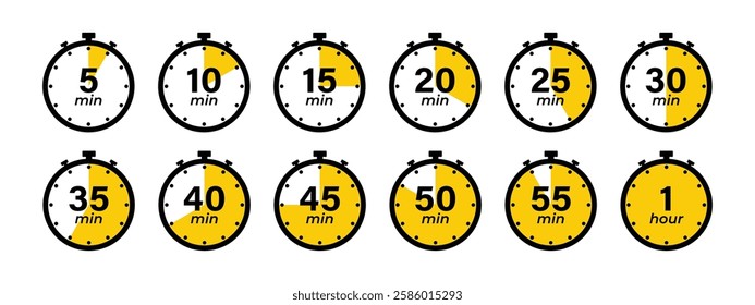 5, 10, 15, 20, 25, 30, 35, 40, 45, 50, 55 min and 1 hour Timer, clock, stopwatch yelow isolated set icons. Countdown timer symbol icon set. Label cooking time. Vector illustration.