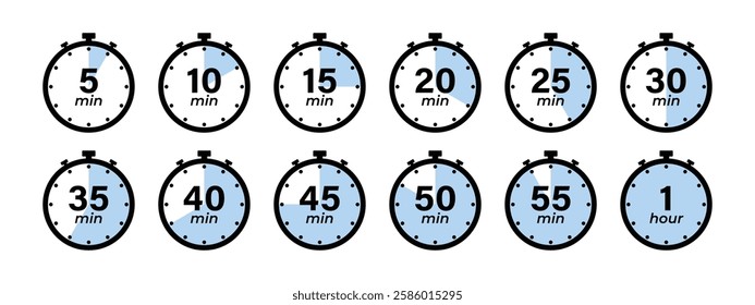 5, 10, 15, 20, 25, 30, 35, 40, 45, 50, 55 min and 1 hour Timer, clock, stopwatch blue isolated set icons. Countdown timer symbol icon set. Label cooking time. Vector illustration.