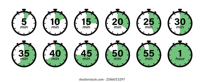 5, 10, 15, 20, 25, 30, 35, 40, 45, 50, 55 min and 1 hour Timer, clock, stopwatch green isolated set icons. Countdown timer symbol icon set. Label cooking time. Vector illustration.