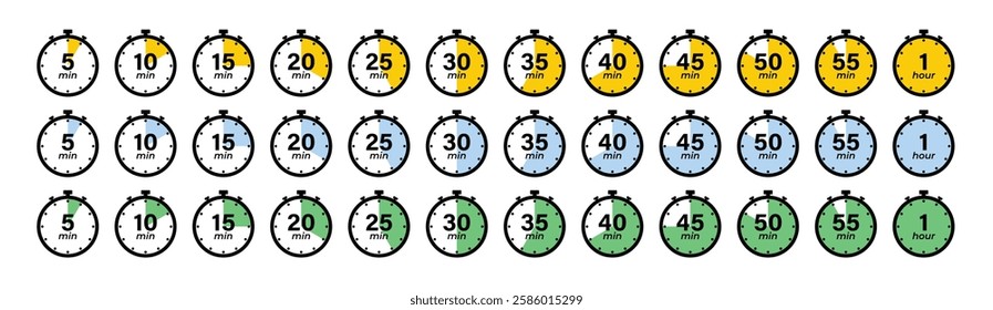 5, 10, 15, 20, 25, 30, 35, 40, 45, 50, 55 min and 1 hour Timer, clock, stopwatch isolated set icons. Countdown timer symbol icon set. Label cooking time. Vector illustration.